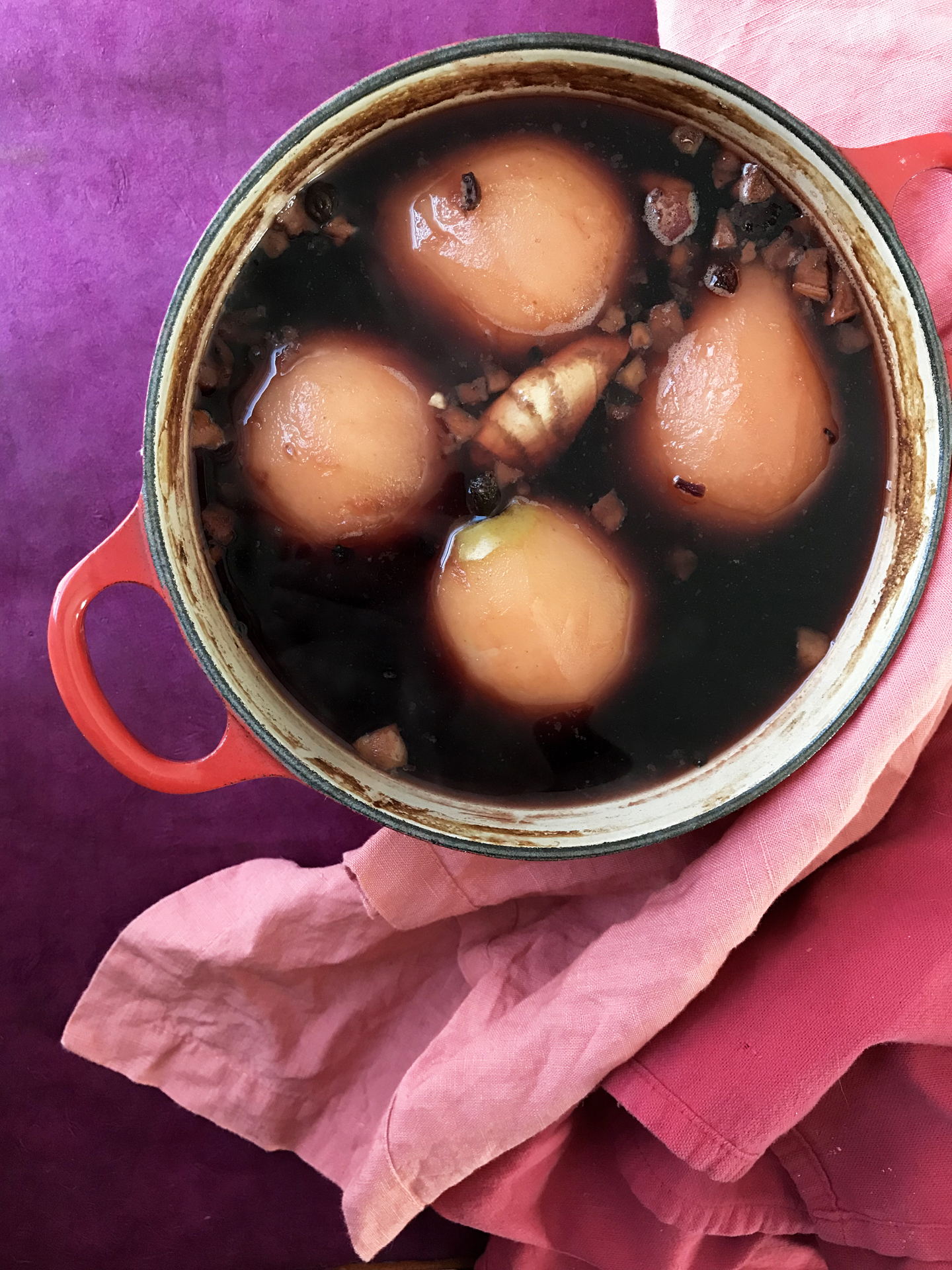 Pears Poached in Pomegranate Molasses with Ginger & Hibiscus