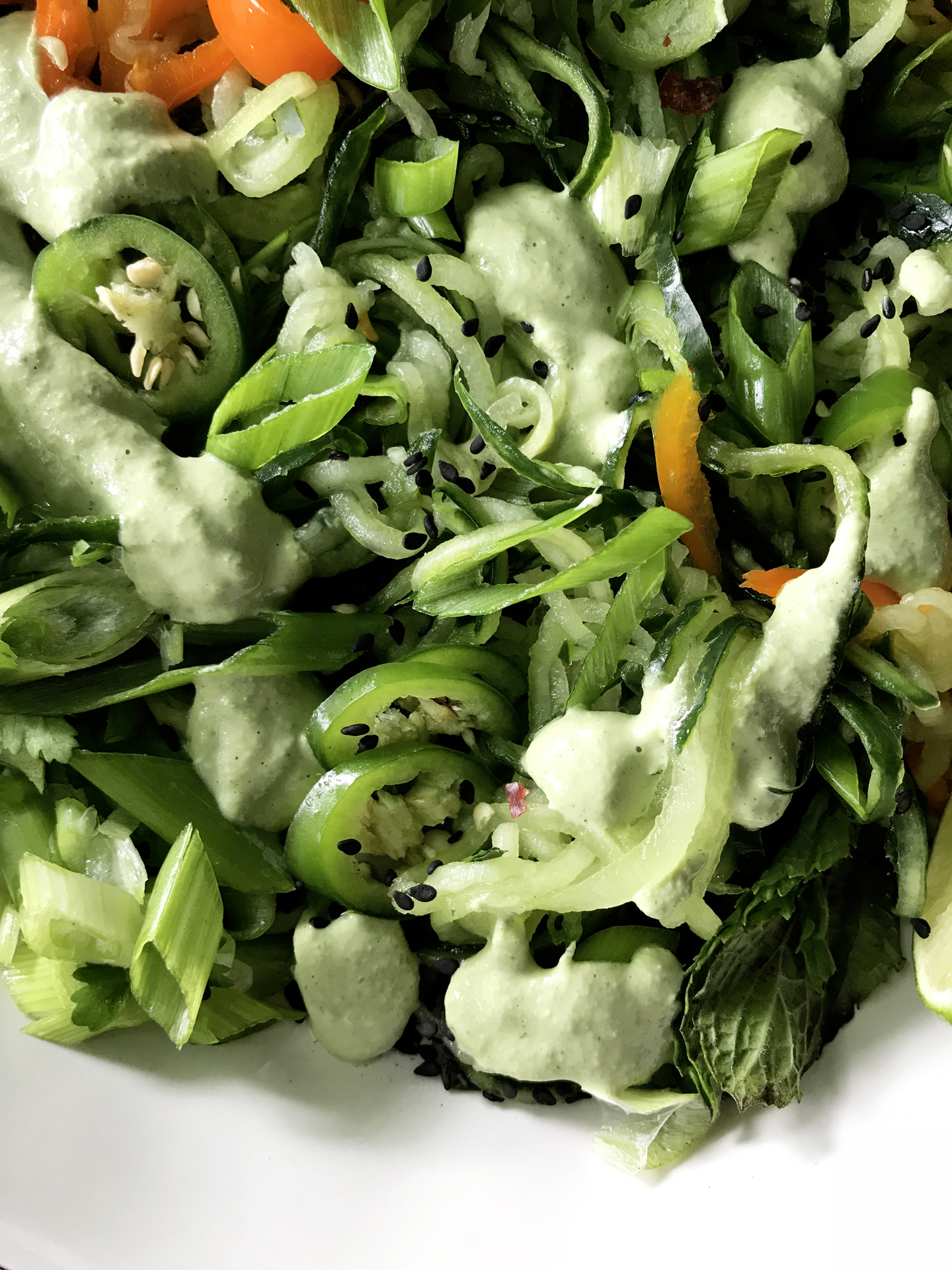 Cucumber Noodle Salad with Tahini Cilantro Stem Dressing