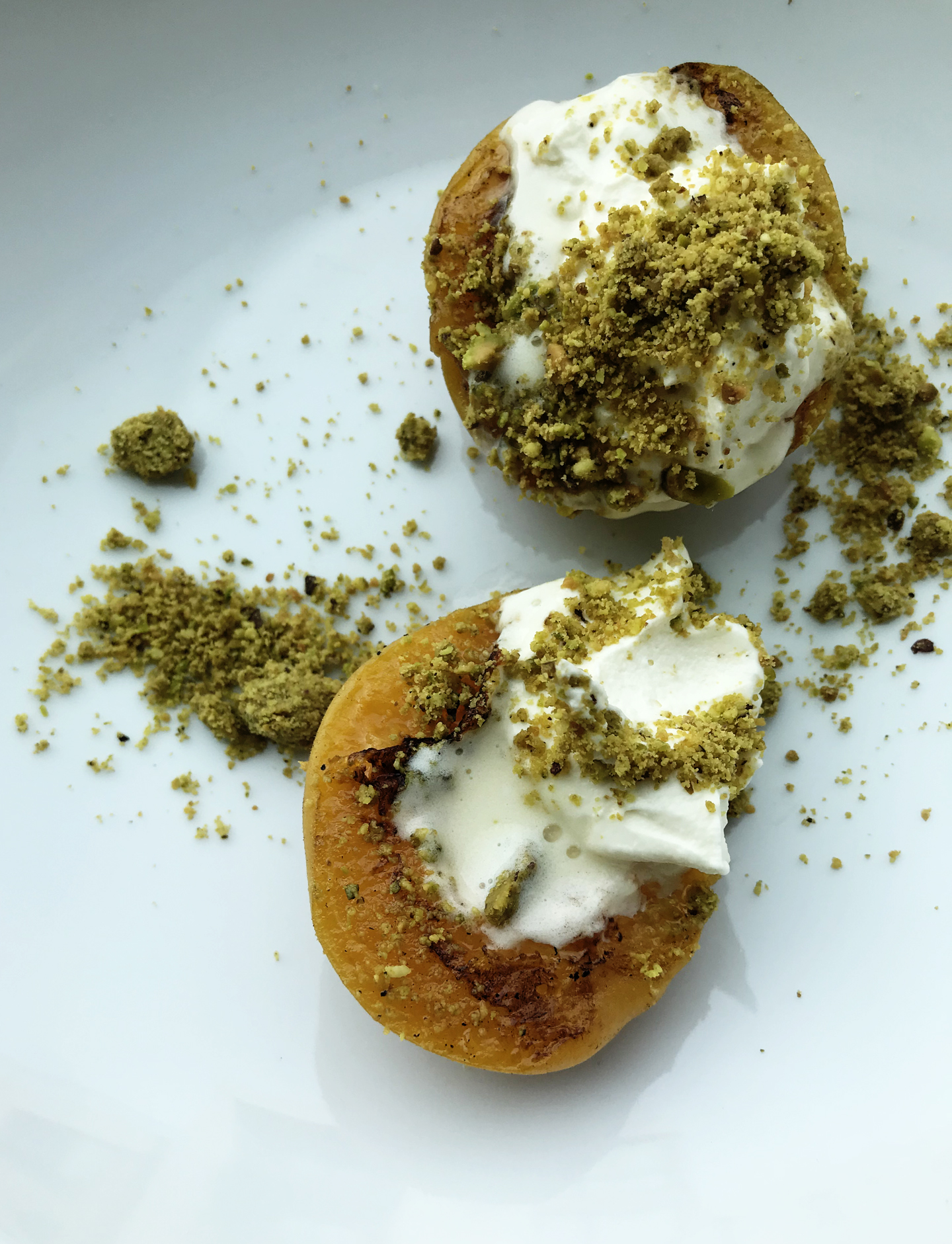 Pan Roasted Apricots with Ginger Pistachio Crumbs